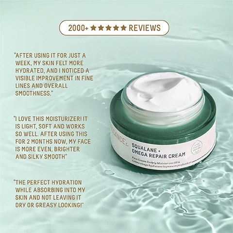 Image 1 - A green jar of Squalane + Omega Repair Cream sits in water, with text highlighting positive reviews: 2000+ five-star reviews, After using it for just a week, my skin felt more hydrated, and I noticed a visible improvement in fine lines and overall smoothness, I love this moisturizer! It is light, soft and works so well. After using this for 2 months now, my face is more even, brighter and silky smooth, and The perfect hydration while absorbing into my skin and not leaving it dry or greasy looking.
Image 2 - Image comparing skin before and after 28 days of product use, with visible text stating 94% showed improvement in visible lines and wrinkles and a note about a clinical study.
Image 3 - A jar of Biossance Squalane + Omega Repair Cream is displayed on a light green background, accompanied by percentages indicating 100% showed improvement in skin hydration after 5 minutes, 94% showed improvement in wrinkles in 1 week, and 97% agreed their skin appeared firmer, along with notes regarding a clinical study.
Image 4 - Two jars of Biossance Squalane + Omega Repair Cream are stacked on a light background, with the top jar labeled Jumbo Size (100 mL) and the bottom jar labeled Full Size (50 mL), both showing visible condensation.
Image 5 - An arrangement of skincare ingredients on a light green background, featuring droplets of liquid, a piece of aloe vera, and visible text that includes SUGARCANE SQUALANE replenishes skin with weightless moisture, MULTI-HYALURONIC ACID high molecular weight moisture visibly plumps skin, and OMEGA FATTY ACIDS + CERAMIDES deeply nourishes + reinforces skins moisture barrier.
Image 6 - A close-up image of a green leaf with a droplet of oil on it, featuring text that reads SQUALANE THE SUPERHYDRATOR, A MOLECULAR MOISTURE MATCH TO YOUR SKIN, BOOSTS ABSORPTION OF ACTIVE INGREDIENTS BY 40X, SUGARCANE-DERIVED OIL IN EVERY BIOSsANCE FORMULA, and C30H62.
Image 7 - Image depicting three moisturizer products labeled as The Clear Skin Winner, The Instant Brightener, and The Heavy-Duty Hydrator, with details for each product including product names, skin types, textures, and results. The visible text includes FIND YOUR MOISTURE MATCH, Probiotic Gel Moisturizer, Vitamin C Rose Moisturizer, Omega Repair Cream, along with their respective skin types, textures, and results descriptions.