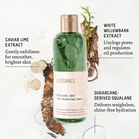 Image 1,CAVIAR LIME EXTRACTGently exfoliates for smoother, brighter skin0008BIOSSANCESQUALANE + BHA PORE-MINIMIZING TONERPLANTDERIVEDSQUALANEFacial Toner Visibly Tightens Large Pores Lotion tonique visage resserre visiblementles pores dilatés&WHITEWILLOWBARK EXTRACTUnclogs pores and regulates oil productionSUGARCANE-DERIVED SQUALANEDelivers weightless, shine-free hydration Image 2, BREAKOUT-PRONE SKIN ROUTINE BIOSSANCE. SALANE-AMINO ALGE GENTLE CLEANSER BOSSANCE: SALANE-BHA PRE-MINIMIZING TONER SANCE ANE LACTIC 3SSANCE SQUALANE PROBIOTIC GEL MOISTURIZER STEP 1: WASH IT OFF STEP 2: PREP AMINO ALOE GENTLE CLEANSER BHA PORE MINIMIZING TONER STEP 3: TARGET TEXTURE LACTIC ACID RESURFACING NIGHT SERUM STEP 4: LOCK IN HYDRATION PROBIOTIC GEL MOISTURIZER Image 3, glamour beauty award winner 2022 and byrdie 2022 eco beauty award winner