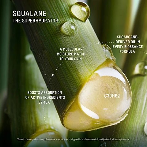 Image 1 - A close-up of green plant stems with glistening droplets of liquid, featuring the text SQUALANE THE SUPERHYDRATOR, with C30H62 visible within a large droplet, and additional text stating SUGARCANE-DERIVED OIL IN EVERY BIOSSANCE FORMULA, A MOLECULAR MOISTURE MATCH TO YOUR SKIN, BOOSTS ABSORPTION OF ACTIVE INGREDIENTS BY 40X, and *Based on a comparison study of squalane, caprylic/capric triglyceride, sunflower seed oil, and jojoba oil with retinyl acetate. Image 2 - An image shows two open jars of Biossance Unscented Squalane + Caffeine Toning Body Cream, which is described as Body Cream to Visibly Firm & Smooth Skin and contains Sugarcane Squalane, accompanied by text detailing study results: 100% AGREE SKIN FEELS SOFTER, SMOOTHER, AND NOURISHED, 93% NOTICED AN IMPROVEMENT IN OVERALL SKIN TEXTURE ON THEIR BODY, and 87% AGREED THEIR SKIN APPEARED MORE TONED, based on a 21-day consumer study of 33 female subjects with twice-daily use, and a Best of the BUMP Awards 2024 WINNERS badge. Image 3 - A close-up of a creamy, light-colored product texture with three text boxes overlaid vertically reading Rich Hydration, Weightless Absorption, and Visibly Smooths and Tones. Image 4 - A visual representation of three skincare ingredients includes white powder representing Niacinamide Visibly improves texture and supports moisture barrier, a sugarcane stalk with a liquid drop representing Sugarcane Squalane Mimics skins natural oils to deeply hydrate, and green coffee beans with liquid drops representing Caffeine Derived from green coffee beans to visibly tone skin.