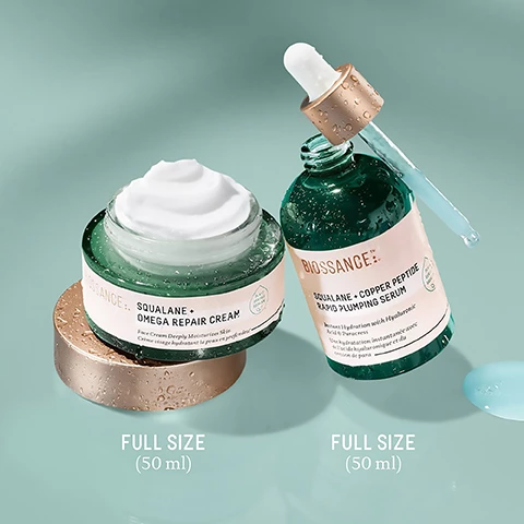 Image 1, full size (50ml). image 2, squalane and omega repair cream before and after 28 days. image 3, squalane and coppper peptides rapid plumping serum. image 4, omega repair cream and copper peptide rapid plumping serum. image 5, immediately 100% showed an improvement in skin hydration after 5 minutes. after 1 week 94% showed improvement in visible lines and wrinkles. after 4 weeks 97% agreed their skin appeared firmer. based on a 28 day clinical study of 35 women aged 36-60 after 28 days of twice daily use. based on a 28 day consumer use study of 35 women, aged 35-60 after 38 days of twice daily use. image 5, immediately 100% showed an instant boost of hydration in skin. after 1 week 97% noticed a visible improvement in skin firmness and elasticity. after 4 weeks demonstrated a reduction in fine lines and wrinkles. based on a 28 day clinical study of 33 female subjects, aged 35-60 after twice daily use. based on a 28 day consumer study of 33 female subjects aged 35-60 after twice daily use. image 6, biossance x oceana. we're donating 5% of every purchase to support oceana's policy driven work to keep our oceans healthy, safe and abundant. learn more at biossance.com/oceana.