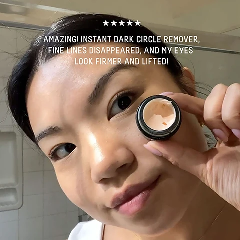 Image 1 - A young woman is holding a small container of cream while looking at the camera, showcasing her clear skin and a bright expression; visible text includes AMAZING! INSTANT DARK CIRCLE REMOVER, FINE LINES DISAPPEARED, AND MY EYES LOOK FIRMER AND LIFTED! along with five stars above the text.
Image 2 - A green and white bottle of Biossance Squalane + Peptide Eye Gel is shown with a gold pump top, accompanied by text stating: After 4 weeks, 98% agree that skin on the upper eyelid appears firmer, 97% agree that the puffiness under their eye is visibly reduced, and 96% agree that dark circles under the eye area are visibly reduced, based on a 28-day consumer study of 32 women, ages 36-65, after 21 days of twice daily use.
Image 3 - A bottle of Biossance Squalane + Peptide Eye Gel is placed on a light green background, surrounded by cucumber slices, an aloe vera leaf, and abstract shapes of red and white, with text highlighting its key ingredients and benefits: caffeine reduces the appearance of fine lines and wrinkles, sugarcane-derived squalane weightlessly locks in essential moisture, and acetyl tetrapeptide-5 and acetyl hexapeptide-8 reduce the appearance of puffiness.
Image 4 - Image shows two skincare products: a bottle of Squalane + Peptide Eye Gel with description of being lightweight, visibly reducing dark circles, and reducing puffiness, alongside a jar of Squalane + Marine Algae Eye Cream noted for being a soft cream that lifts, firms, and minimizes fine lines, with a title reading Powerful Formulas, Eye-Conic Results and usage instructions stating to apply to the eye area after cleansing and layer gel before cream for maximum benefits.