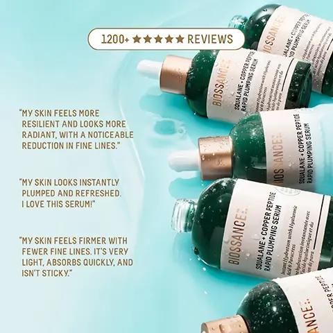 Image 1 - Several dark green bottles of Biossance Squalane + Copper Peptide Rapid Plumping Serum are shown on a wet light blue surface with text that says 1200+ reviews, 5 stars, Biossance, Squalane + Copper Peptide Rapid Plumping Serum, Instant Hydration with Hyaluronic Acid & Paracress, Hydratation instantanée avec lacide hyaluronique et du son de para, My skin feels more resilient and looks more radiant with a noticeable reduction in fine lines, My skin looks instantly plumped and refreshed I love this serum, My skin feels firmer with fewer fine lines its very light absorbs quickly and isnt sticky. Image 2 - A jar of white cream labeled Biossance Squalane + Omega Repair Cream is displayed alongside text showing 100% showed improvement in skin hydration after 5 minutes, 94% showed improvement in wrinkles in 1 week, 97% agreed their skin appeared firmer, Best of the BUMP Awards 2024 Winners badge, and Accepted National Eczema Association badge. Image 3 - Before and after image showing reduction in facial lines and wrinkles around the eye and cheek area after 28 days, with text overlay that reads BEFORE, AFTER 28 DAYS, 94% SHOWED IMPROVEMENT IN VISIBLE LINES AND WRINKLES*, and *BASED ON A 28-DAY CLINICAL STUDY OF 35 WOMEN, WITH TWICE DAILY USE. Image 4 - Before and after comparison image showing reduced lines and wrinkles around an eye after 28 days, with text BEFORE, DAY 28, unretouched photos, SQUALANE + COPPER PEPTIDE RAPID PLUMPING SERUM, BIOSSANCE: SQUALANE + COPPER PEPTIDE RAPID PLUMPING SERUM, Instant Hydration with Hyaluronic Acid & Paracress, and Une hydratation instantanee avec de lacide hyaluronique et du cresson de para.