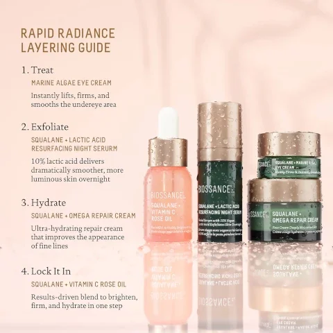 Image shows a product layering guide titled RAPID RADIANCE LAYERING GUIDE with four skincare products arranged on a reflective surface, accompanied by descriptions: 1. Treat - MARINE ALGAE EYE CREAM, 2. Exfoliate - SQUALANE + LACTIC ACID RESURFACING NIGHT SERUM, 3. Hydrate - SQUALANE + OMEGA REPAIR CREAM, 4. Lock It In - SQUALANE + VITAMIN C ROSE OIL.