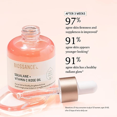 image 1, after 3 weeks - 97% agree skin firmness and suppleness improved. 91% agree skin appears younger looking. 91% agree skin has a healthy radiant glow. based on a 21 day consumer study of 32 women, aged 18-68 after 21 days of twice daily use. image 2, immediately, 100% saw brighter and more radiant skin. overnight up to 24 hours of hydration. after 4 weeks 100% saw visible improvement in fine lines and wrinkles. 100% saw improvement in uneven texture. based on a consumer study of 40 women aged 30-65, after immediate use. based on a 24 hour clinical study of 24 women aged 30-65. based on a 28 day consumer study of 37 women aged 30-64 with twice daily use. image 3, after 1 use 97% showed an improvement in the appearance of fine lines and wrinkles. 97% agree the skin around their eye area appears firmer. after 1 week 94% agree the look of their dark circles is improved. based on a 28 day clinical study of 33 femal subjects, aged 35-60 after twice daily use. based on a 28 day consumer study of 33 female subjects, aged 35-60 after twice daily use. image 4, after 1 use, 100% agree their lips feel nourished and moisturised. 97% saw an improvement in the appearance of their dry lips. 97% agree their lips are more defined. based on a 14 day consumer study of 34 female subjects aged 25-60