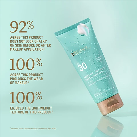 Image 1 - A light blue-green tube of sunscreen with a white cap, surrounded by water droplets, features text indicating 92% agreed the product does not look chalky, 100% agreed it prolongs makeup wear, and 100% enjoyed its lightweight texture.
Image 2 - Two tubes of Biossance sunscreen are displayed on a light blue background; the larger tube is labeled Jumbo Size (100ml/3.4 Fl Oz) and the smaller tube is labeled Full Size (50ml/1.7 Fl Oz), with a dollop of white sunscreen visible near the larger tube.
Image 3 - Three close-up portraits of women with different skin tones, showcasing diverse facial features; visible text reads, invisibly blends with all skin tones.
Image 4 - A turquoise tube of sunscreen with a golden cap is displayed on a light blue background, surrounded by water droplets, with visible text that lists benefits such as invisibly blocks rays, weightlessly hydrates, prevents inflammation, blocks daytime aggressors, prevents blue light damage, and saves skin from pollutants, along with the brand name Biossance and the SPF number 30.
Image 5 - The image shows a close-up of a clear plate containing slices of celery, a dollop of cream, and a white powder, with four labeled ingredients around it: ectoin, zinc oxide, butterfly ginger extract, and squalane, each followed by a brief description of their benefits.
Image 6 - An abstract close-up image of a creamy, white lotion with smooth swirls, featuring the text that reads LIGHTWEIGHT LOTION WITH UNTRACEABLE, OIL-FREE FINISH.
Image 7 - A flat lay image displaying a morning skincare routine with five products arranged on a light orange background, including a dark green cleanser bottle, two cream jars, a serum bottle, and a sunscreen tube, with visible text indicating each products step: cleanse, lift, treat, hydrate, and protect.
Image 8 - An illustrated infographic showing a diagram that explains a skincare product, with sun and arrow icons. The left side lists features that the product blocks, including harmful UVA/UVB rays, blue light damage, inflammation, pollution, and prevents makeup pilling. The right side highlights what the product delivers, including weightless hydration, sheer and smooth texture, barrier support, primed skin for flawless makeup application, and invisible protection without a white cast.