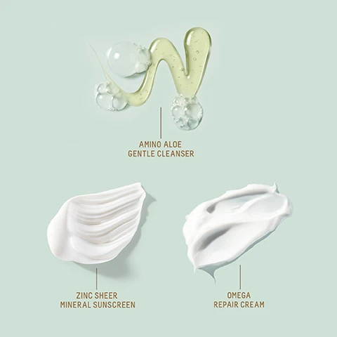Image 1 - Swatches of Amino Aloe Gentle Cleanser, Zinc Sheer Mineral Sunscreen, and Omega Repair Cream are shown with their names. Image 2 - A jar of Biossance SQUALANE + OMEGA REPAIR CREAM is shown with text on the label Face Cream Deeply Moisturizes Skin Crème visage hydratant la peau en profondeur PLANT DERIVED SQUALANE logo and performance claims IMMEDIATELY 100% showed improvement in skin hydration after 5 minutes¹ AFTER 1 WEEK 94% showed improvement in visible lines and wrinkles¹ AFTER 4 WEEKS 97% agreed their skin appeared firmer² and study notes ¹Based on a 28-day clinical study of 35 women, ages 36-60, after 28 days of twice daily use ²Based on a 28-day consumer use study of 35 women, ages 36-60, after 28 days of twice daily use. Image 3 - Before and after photo shows skin improvement with text BEFORE, AFTER 28 DAYS, Unretouched photos, SQUALANE + OMEGA REPAIR CREAM, and product jar text BIOSSANCE SQUALANE + OMEGA REPAIR CREAM Face Cream Deeply Moisturizes Skin Crème visage hydratant la peau en profondeur. Image 4 - A teal tube of Biossance sunscreen with a gold cap lies on a wet surface with cream squeezed out, next to text that reads PROTECTION FROM EVERYTHING UNDER THE SUN Invisibly Blocks Rays Weightlessly Hydrates Prevents Inflammation Blocks Daytime Aggressors Prevents Blue Light Damage Saves Skin From Pollutants BIOSSANCE SPF 30 SQUALANE + ZINC SHEER MINERAL SUNSCREEN Broad Spectrum SPF 30 PA+++ 50ML/1.7 FL. OZ. Plant Derived Squalane.