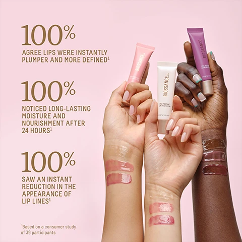 Image 1 - Three hands with different skin tones hold Biossance Pro-Peptide Lip Perfector tubes in pink, white, and purple, with swatches of clear, pink, brown, and plum shades on their arms, alongside text that reads: 100% AGREE LIPS WERE INSTANTLY PLUMPER AND MORE DEFINED¹, 100% NOTICED LONG-LASTING MOISTURE AND NOURISHMENT AFTER 24 HOURS¹, 100% SAW AN INSTANT REDUCTION IN THE APPEARANCE OF LIP LINES¹, ¹Based on a consumer study of 39 participants. Image 2 - A pink squeeze tube covered in water droplets dispenses a glossy pink product onto a reflective surface, with text on the tube reading 15G/NET WT. 0.53 US OZ and accompanying text on the left stating 3-IN-1 TREATMENT FOR ADVANCED LIP HYDRATION, 24-HOURS OF CLINICALLY PROVEN HYDRATION, MOISTURE BARRIER SUPPORT, VISIBLE PLUMP + LASTING NOURISHMENT. Image 3 - A close-up shot of a glossy, pink balm-like substance with swirls and three text bubbles vertically aligned, which read: 24-HOUR CLINICAL HYDRATION, VISIBLY PLUMPS + DEFINES, and GLOSSY, BUTTERY FINISH. Image 4 - A pink tube of Biossance Pro-Peptide Lip Perfector with a gold cap and water droplets is centered on a light pink background, surrounded by a swash of white cream, a clear pink liquid drop, and a pile of white powder; visible text includes PRO-PEPTIDE™ TRIPLE STRENGTH PEPTIDE FOR VISIBLY FULLER, SMOOTHER, HEALTHIER LIPS, BIOSSANCE:: PRO-PEPTIDE™ LIP PERFECTOR 15G/NET WT. 0.53 US OZ, SUGARCANE-DERIVED SQUALANE LOCKS IN HYDRATION AND SUPPORTS LIPS’ MOISTURE BARRIER, and MICRO-ENCAPSULATED HA HIGH-WEIGHT HYALURONIC ACID DELIVERS DEEP, LONG-LASTING HYDRATION. Image 5 - Three lip product tubes, one purple, one white, and one pink, stand on a light pink surface covered in water droplets, with a red circular award sticker in the top left corner; visible text includes BEST OF BEAUTY, allure, THE BEAUTY EXPERT, 2025, AWARD WINNER, BIOSSANCE::, PRO-PEPTIDE™ LIP PERFECTOR, and 15G/NET WT. 0.53 US OZ on the purple and white tubes, and BIOSSANCE::, PRO-PEPTIDE™ LIP PERFECTOR, and WT. 0.53 US OZ on the pink tube.