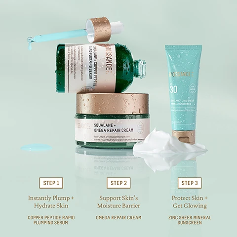 Image 1 - An arrangement of three skincare products on a light green background: a green glass bottle with a dropper labeled Squalane + Copper Peptide Rapid Plumping Serum, a jar of Squalane + Omega Repair Cream with a cream texture on the surface, and a tube of Zinc Sheer Mineral Sunscreen SPF 30 with visible text indicating steps for use, Step 1: Instantly Plump + Hydrate Skin, Step 2: Support Skin’s Moisture Barrier, Step 3: Protect Skin + Get Glowing.
Image 2 - Before and after images show an individuals forehead with visible wrinkles; the upper image labeled BEFORE displays deeper lines, while the lower image labeled DAY 28 shows a reduction in those lines, accompanied by a serum bottle labeled SQUALANE + COPPER PEPTIDE RAPID PLUMPING SERUM.
Image 3 - The image shows a skin treatment comparison with two photos; the top half labeled Before shows a close-up of a womans cheek with visible texture and spots, while the bottom half labeled After 28 Days displays a smoother cheek with reduced texture, accompanied by a container of Squalane + Omega Repair Cream at the bottom right.