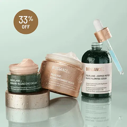 33% off. Before. After 28 days. Unretouched photo. Squalane + Marine Algae Eye Cream. Before. Day 28. Unretouched photos. Squalane + Copper Peptide Rapid Plumping Serum. Before. 14 days. Unretouched photos. Ectoin Overnight Rescue.
