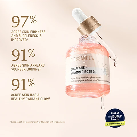 Image 1 - Image shows a bottle of Biossance Squalane + Vitamin C Rose Oil with a dropper slightly lifted, surrounded by water droplets, and includes text highlighting product efficacy statistics: 97% agree skin firmness and suppleness is improved, 91% agree skin appears younger looking, and 91% agree skin has a healthy radiant glow, along with a badge stating Best of the Bump Awards 2024 Winners.
Image 2 - A side-by-side comparison shows a close-up of an eye area before (0 days) and after (28 days) using Squalane and Vitamin C Rose Oil, with visible text labeling the images and a bottle of the oil in the corner.
Image 3 - A green jar of Squalane + Marine Algae Eye Cream with a cream texture on top, accompanied by statistics: 97% showed improvement in the appearance of fine lines and wrinkles, 97% agree skin around eye area appears firmer after 1 use, and 94% agree the look of dark circles improved after 1 week, with badges for Best of the BUMP Awards 2024 Winners and National Eczema Association Acceptance.
Image 4 - Image shows a side-by-side comparison of a persons eye area before and after using Squalane + Marine Algae Eye Cream for 28 days, with the left side labeled BEFORE and the right side labeled AFTER 28 DAYS, and a cream jar with text reading SQUALANE + MARINE ALGAE EYE CREAM and Eye Cream visibly firms & instantly smooths at the bottom.
Image 5 - A close-up image showing the forehead of a person before and after using a moisturizer, with the top labeled BEFORE showing more wrinkles and the bottom labeled AFTER 7 DAYS showing smoother skin, alongside a jar of Squalane + Vitamin C Rose Moisturizer in the bottom right corner.