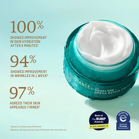 Image 1 - A turquoise jar of Biossance Squalane and Omega Repair Cream is displayed with its lid off, showing white cream inside, and includes text that states 100% showed improvement in skin hydration after 5 minutes, 94% showed improvement in wrinkles in 1 week, and 97% agreed their skin appeared firmer, along with award and association logos.
Image 2 - An underwater plant backdrop features text promoting Biossances collaboration with Oceana, describing their commitment to ocean protection and stating that 5% of the proceeds from this product goes to Oceana.
Image 3 - Side-by-side comparison of skin before and after 28 days showing reduced wrinkles and improved texture; visible text reads 94% showed improvement in visible lines and wrinkles, based on a 28-day clinical study of 35 women, with twice daily use.
Image 4 - Image shows four moisturizer products by Biossance organized in a grid with descriptions; the products are Omega Repair Cream, Probiotic Gel Moisturizer, Vitamin C Rose Moisturizer, and Ectoin Overnight Rescue, each with details on skin type, texture, and key benefits: dry to mature skin, rich cream for deeply nourishing and plumping fine lines; oily to combo skin, water gel for minimizing redness with lightweight hydration; normal to dry skin, cushion cream for visibly brightening with a radiant finish; and all skin types, ultra-rich cream for intensely hydrating and strengthening skin barrier.
Image 5 - A jar of Squalane + Omega Repair Cream is shown on a watery surface with a white cream and various customer review excerpts surrounding it, highlighting positive feedback about skin hydration and smoothness. Visible text includes 2000+ ★★★★★ REVIEWS, AFTER USING IT FOR JUST A WEEK, MY SKIN FELT MORE HYDRATED, AND I NOTICED A VISIBLE IMPROVEMENT IN FINE LINES AND OVERALL SMOOTHNESS, I LOVE THIS MOISTURIZER! IT IS LIGHT, SOFT AND WORKS SO WELL. AFTER USING THIS FOR 2 MONTHS NOW, MY FACE IS MORE EVEN, BRIGHTER AND SILKY SMOOTH, and THE PERFECT HYDRATION WHILE ABSORBING INTO MY SKIN AND NOT LEAVING IT DRY OR GREASY LOOKING!
Image 6 - A close-up image shows various skincare ingredients including green aloe vera stalks and droplets of clear and yellow liquids on a light green background, with text stating Sugarcane Squalane replenishes skin with weightless moisture, Multi-Weight Hyaluronic Acid high + low molecular weight delivers multi-layer hydration, and Omega Fatty Acids + Ceramides deeply nourishes + strengthen skins moisture barrier.