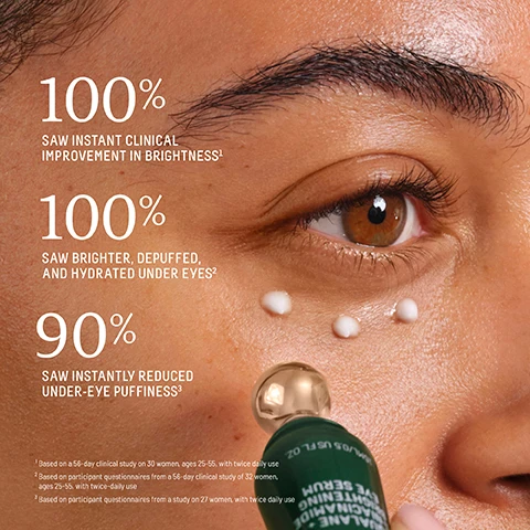 Image 1 - A close-up of a womans face showing her eye with skincare cream applied under it, featuring the text: 100% SAW INSTANT CLINICAL IMPROVEMENT IN BRIGHTNESS, 100% SAW BRIGHTER, DEPUFFED, AND HYDRATED UNDER EYES, 90% SAW INSTANTLY REDUCED UNDER-EYE PUFFINESS.
Image 2 - Image shows a side-by-side comparison of a womans eye area labeled Before on the left and 4 Weeks on the right, indicating a noticeable improvement in brightness and reduction of puffiness under the eyes, with text stating 100% SAW BRIGHTER, DEPUFFED, AND HYDRATED UNDER EYES* at the bottom.
Image 3 - A green eye serum bottle with a rose gold roller applicator is shown, featuring droplets of water on the bottle and the text 360° LYMPHATIC ROLLER, plus soothes skin with instant coolness and visibly depuffs from every angle.
Image 4 - A close-up image of a creamy texture on a light blue background with three phrases that state soothes and depuffs, brightens look of dark circles, and ultra-lightweight gel serum.
Image 5 - An overhead view of a clear dish containing various skincare ingredients including a small scoop of powder, orange segments, liquid droplets, and coffee beans, with text labeling the ingredients as 5% Niacinamide, Oil-Soluble Vitamin C, Dual Peptides, and Caffeine, along with brief descriptions of their benefits.
Image 6 - An image comparing two skincare products: on the left, a jar of Marine Algae Eye Cream with descriptions stating it visibly lifts and firms, deeply hydrates, smooths the look of lines and wrinkles, and has a melt-in whipped cream texture; on the right, a tube of Brightening Eye Serum with descriptions stating it visibly brightens and depuffs, instantly awakens tired-looking eyes, soothes skin with a cooling applicator, and has an ultra-lightweight gel-serum texture.
Image 7 - A close-up image of a green plant stem with a drop of liquid on it, featuring text that reads SQUALANE THE SUPERHYDRATOR, A MOLECULAR MOISTURE MATCH TO YOUR SKIN, BOOSTS ABSORPTION OF ACTIVE INGREDIENTS BY 40X, C30H62, and a note about sugarcane-derived oil in every Biossance formula.