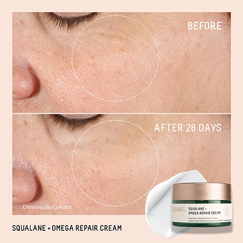 Image 1 - Image showing a comparison of skin texture before and after using Squalane + Omega Repair Cream; the top half labeled BEFORE shows visible skin texture and fine lines, while the bottom half labeled AFTER 28 DAYS shows smoother skin, along with a jar of the cream and the text SQUALANE + OMEGA REPAIR CREAM on the bottom.
Image 2 - A green jar of Squalane + Omega Repair Cream sits on a light background with water droplets around it, showing visible text stating 100% showed improvement in skin hydration after 5 minutes, 94% showed improvement in visible lines and wrinkles after 1 week, and 97% agreed their skin appeared firmer after 4 weeks.
Image 3 - Image of a green bottle of Biossance Squalane + Amino Aloe Gentle Cleanser with a pump top, placed on a light green background alongside drops of the cleanser and text indicating product efficacy: AFTER 14 DAYS 100% showed significant removal of daily pollutants 97% agree this product helped to remove daily makeup 97% agree their pores appear more refined & skin is softer and smoother.