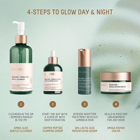 Image 1 - Image shows four skincare products arranged from left to right, each with labels indicating their purpose: 1. Amino Aloe Gentle Cleanser, 2. Copper Peptide Plumping Serum, 3. 10% Lactic Acid Resurfacing Serum, and 4. Omega Repair Cream, with a heading reading 4-STEPS TO GLOW DAY & NIGHT at the top.
Image 2 - A green bottle of Biossance Squalane + Amino Aloe Gentle Cleanser is shown on a light green background with droplets of water, displaying the text AFTER 14 DAYS 100% showed significant removal of daily pollutants 97% agree this product helped to remove daily makeup 97% agree their pores appear more refined & skin is softer and smoother.
Image 3 - A jar of Squalane + Omega Repair Cream with a creamy texture on top is displayed beside three statistics showing skin improvement: immediately, 100% showed improvement in skin hydration after 5 minutes; after 1 week, 94% showed improvement in visible lines and wrinkles; after 4 weeks, 97% agreed their skin appeared firmer.
Image 4 - Image shows a side-by-side comparison of facial skin before and after using Squalane + Omega Repair Cream for 28 days, with visible improvements in skin texture and tone; the text includes BEFORE and AFTER 28 DAYS along with the product name SQUALANE + OMEGA REPAIR CREAM at the bottom.
Image 5 - A dark green bottle of a night serum with a gold cap is shown on a light purple background, surrounded by water droplets, with visible text stating AFTER 1 NIGHT Panelists showed +113% improvement in skin hydration 100% showed improvement in the appearance of pores 100% showed a visible reduction in the appearance of fine lines and wrinkles Based on a clinical study of 36 female subjects, ages 30-60, after one use.
Image 6 - A bottle of Biossance Squalane + Lactic Acid Resurfacing Night Serum is displayed on a light green background, surrounded by ingredients including a white flower and green clover, with text highlighting key components: 10% vegan lactic acid, sugarcane-derived squalane, and clover.
Image 7 - Image showing a comparison of skin before and after 28 days of using a serum, with visible wrinkles in the Before image and reduced wrinkles in the Day 28 image, accompanied by a bottle of Biossance Squalane + Copper Peptide Rapid Plumping Serum, labeled as untouched photos.