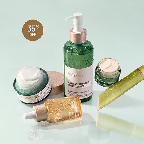 Image 1 - A flat lay arrangement of skincare products including a green bottle labeled Biossance Squalane + Amino Aloe Gentle Cleanser, a white jar of cream, a small jar with a light cream, and an orange dropper bottle, with a circular tag displaying 35% OFF.
Image 2 - Image showing a skincare routine with four labeled steps, featuring product bottles and jars on a textured background, including a cleanse, hydrate, treat, and repair products, with the text 4-STEPS TO GLOW DAY & NIGHT and descriptions for each step below.