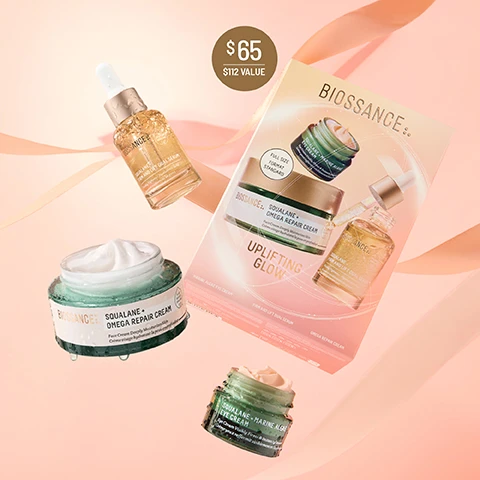 Image 1 - A golden Biossance Squalane + Firm and Lift Dual Serum, a white Squalane + Omega Repair Cream, a peachy Squalane + Marine Algae Eye Cream, and an Uplifting Glow gift set box featuring these products are arranged on a pink surface with a ribbon, alongside text that reads BIOSSANCE::, FULL SIZE FORMAT STANDARD, UPLIFTING GLOW, and a price tag with $65 $112 VALUE. Image 2 - A small brown circle overlay in the top left reads NEW EXCLUSIVE SIZE, while three Biossance skincare products, covered in water droplets and resting on a diagonal gold ribbon against a beige background, are displayed: a small green jar with peach cream labeled BIOSSANCE:: SQUALANE + MARINE ALGAE EYE CREAM Eye Cream Visibly Firms & Instantly Smooths Crème yeux raffermit visiblement et lisse instantanément 5ML; a golden serum in a dropper bottle labeled BIOSSANCE:: SUGARCANE DERIVED SQUALANE SQUALANE + FIRM AND LIFT DUAL SERUM Visibly Tightens • Hyaluronic Acid Resserre visiblement les pores • Acide hyaluronique 15ML; and a large green jar with white cream labeled BIOSSANCE:: SQUALANE + OMEGA REPAIR CREAM Face Cream Deeply Moisturizes Skin Crème visage hydratant la peau en profondeur PLANT DERIVED SQUALANE FULL SIZE 50ML. Image 3 - The image displays three Biossance skincare products with water droplets: an open jar of pink eye cream, an open bottle of golden serum with a dropper, and an open jar of white face cream, alongside the following text: Marine Algae Eye Cream, 97% Showed improvement in the appearance of fine lines and wrinkles after 1 use¹; Firm + Lift Dual Serum, 96% Agree their skin looked lifted in 1 week²; Omega Repair Cream, 100% Showed improvement in skin hydration³; product labels read Biossance™ Squalane + Marine Algae Eye Cream, Eye Cream Visibly Firms & Instantly Lifts, Crème yeux raffermit visiblement & rehausse instantanément, with a Plant Derived Squalane logo; Biossance™ Squalane + Firm and Lift Dual Serum, Visibly Tightens + Hyaluronic Acid, Sérum visiblement raffermissant + acide hyaluronique, with a Plant Derived Squalane logo; Biossance™ Squalane + Omega Repair Cream, Face Cream Deeply Moisturizes Skin, Crème visage hydratant la peau en profondeur, with a Plant Derived Squalane logo; and footnotes state ¹ Based on a clinical study of 33 women, ² Based on participant questionnaires from a clinical study on 26 subjects with twice-daily use, ³ Based on a clinical study of 35 women. Image 4 - A three-step Biossance skincare routine is displayed against a light pink background, titled UPLIFTING GLOW ROUTINE, featuring Step 1: Squalane + Marine Algae Eye Cream which Instantly Lifts Under Eyes, Step 2: Squalane + Firm And Lift Dual Serum which Firms, Lifts, Sculpts The Look Of Skin, and Step 3: Squalane + Omega Repair Cream which is a Lipid-Rich Hydrator Weightlessly Absorbs Into Skin, all described as Fragrance-Free And Suitable For Sensitive Skin. Image 5 - Three swatches of cosmetic products are displayed on a light pink background: a peach cream, a clear bubbly serum, and a white cream, labeled respectively Marine Algae Eye Cream, Firm and Lift Dual Serum, and Omega Repair Cream. Image 6 - The image displays two Biossance skincare gift sets, a blue-green Bright Bestsellers box and a pink Uplifting Glow box, angled on a light background, under the banner text Illuminate Your Gift List. The blue-green Bright Bestsellers box, described as Enhanced Glow + Hydration, is priced at $75 ($134 value) and contains Squalane + Marine Algae Eye Cream, Squalane + Omega Repair Cream, and Squalane + Copper Peptide Rapid Plumping Serum, with additional text indicating Full Size Format Standard, Dermatologist Tested, Vegan, Suitable During Pregnancy, Non-Comedogenic, and For All Skin Types. The pink Uplifting Glow box, described as Visibly Firms + Hydrates, is priced at $65 ($112 value) and contains Squalane + Marine Algae Eye Cream, Squalane + Omega Repair Cream, Squalane + Firm and Lift Dual Serum, and Squalane + Vitamin C Rose Oil, with additional text indicating Full Size Format Standard.
