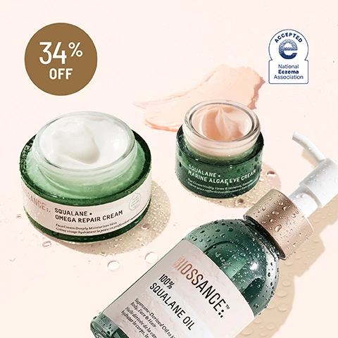 Image 1 - The image displays three Biossance skincare products, including Squalane + Omega Repair Cream, Squalane + Marine Algae Eye Cream, and 100% Squalane Oil, all shown with water droplets on a light background, along with a brown circle reading 34% OFF and a blue badge stating ACCEPTED National Eczema Association. Image 2 - A split image shows a persons eye area before and after 28 days of product use, with the after side appearing smoother and brighter, alongside a green jar of Squalane + Marine Algae Eye Cream and a swatch of the cream; visible text includes BEFORE, AFTER 28 DAYS, Unretouched photos, SQUALANE + MARINE ALGAE EYE CREAM, and on the jar: SQUALANE + MARINE ALGAE EYE CREAM, Eye Cream Visibly Firms & Instantly Smooths, Crème yeux raffermit visiblement et lisse instantanément. Image 3 - A jar of Biossance Squalane + Omega Repair Cream is depicted on a light green background with spilled white cream and clear liquid, surrounded by text and award badges. Text reads: BIOSSANCE™ SQUALANE + OMEGA REPAIR CREAM, Face Cream Deeply Moisturizes Skin, Crème visage hydratant la peau en profondeur, PLANT DERIVED SQUALANE. Statistics show 100% showed improvement in skin hydration after 5 minutes¹, 94% showed improvement in wrinkles in 1 week¹, and 97% agreed their skin appeared firmer². Awards visible are Best of the BUMP Awards 2024 WINNERS and ACCEPTED National Eczema Association. Footnotes state: ¹Based on a clinical study of 35 women and ²Based on a 28-day consumer study of 35 women, with twice daily use. Image 4 - A jar of Biossance Squalane + Omega Repair Cream, a white cream in a clear and dark green jar, sits in shallow, rippled water on a light green background, with overlaid text reading 2000+ ⭐⭐⭐⭐⭐ REVIEWS and three customer testimonials: AFTER USING IT FOR JUST A WEEK, MY SKIN FELT MORE HYDRATED, AND I NOTICED A VISIBLE IMPROVEMENT IN FINE LINES AND OVERALL SMOOTHNESS. I LOVE THIS MOISTURIZER! IT IS LIGHT, SOFT AND WORKS SO WELL. AFTER USING THIS FOR 2 MONTHS NOW, MY FACE IS MORE EVEN, BRIGHTER AND SILKY SMOOTH. THE PERFECT HYDRATION WHILE ABSORBING INTO MY SKIN AND NOT LEAVING IT DRY OR GREASY LOOKING! The jar itself is labeled SQUALANE + OMEGA REPAIR CREAM, Face Cream Deeply Moisturizes Skin, Crème visage hydratant la peau en profondeur, and has a Plant Derived Squalane logo. Image 5 - A dark green bottle with a white pump and gold top, covered in water droplets, sits on a light green surface with more water droplets, alongside text that reads: BIOSSANCE:: 100% SQUALANE OIL, Sugarcane-Derived Oil to Hydrate Body, Face, & Hair, Huile dérivée de la canne à sucre pour hydrater le corps, le visage et les cheveux, Plant Derived Squalane; and performance statistics: IMMEDIATELY 95% agree skin felt instantly hydrated¹, AFTER 2 WEEKS 93% agree skin is more nourished and hydrated¹, AFTER 5 WEEKS 100% showed an increase in cell renewal rate², followed by footnotes: ¹Based on a 28 day consumer study of 84 female subjects, ages 18-54, after twice daily use, and ²Based on a 5 week clinical study of 35 subjects, ages 18-54, after twice daily use. Image 6 - A close-up image shows a green plant stem with several glistening drops of yellow liquid, one large drop displaying the chemical formula C30H62, with overlaid text that reads SQUALANE THE SUPERHYDRATOR, A MOLECULAR MOISTURE MATCH TO YOUR SKIN, BOOSTS ABSORPTION OF ACTIVE INGREDIENTS BY 40X*, SUGARCANE- DERIVED OIL IN EVERY BIOSSANCE FORMULA, and a footnote *Based on a comparison study of squalane, caprylic/capric triglyceride, sunflower seed oil, and jojoba oil with retinyl acetate.